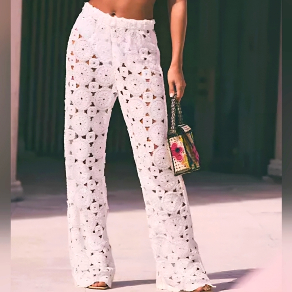 Aqua White Crochet Swim Coverup Pants